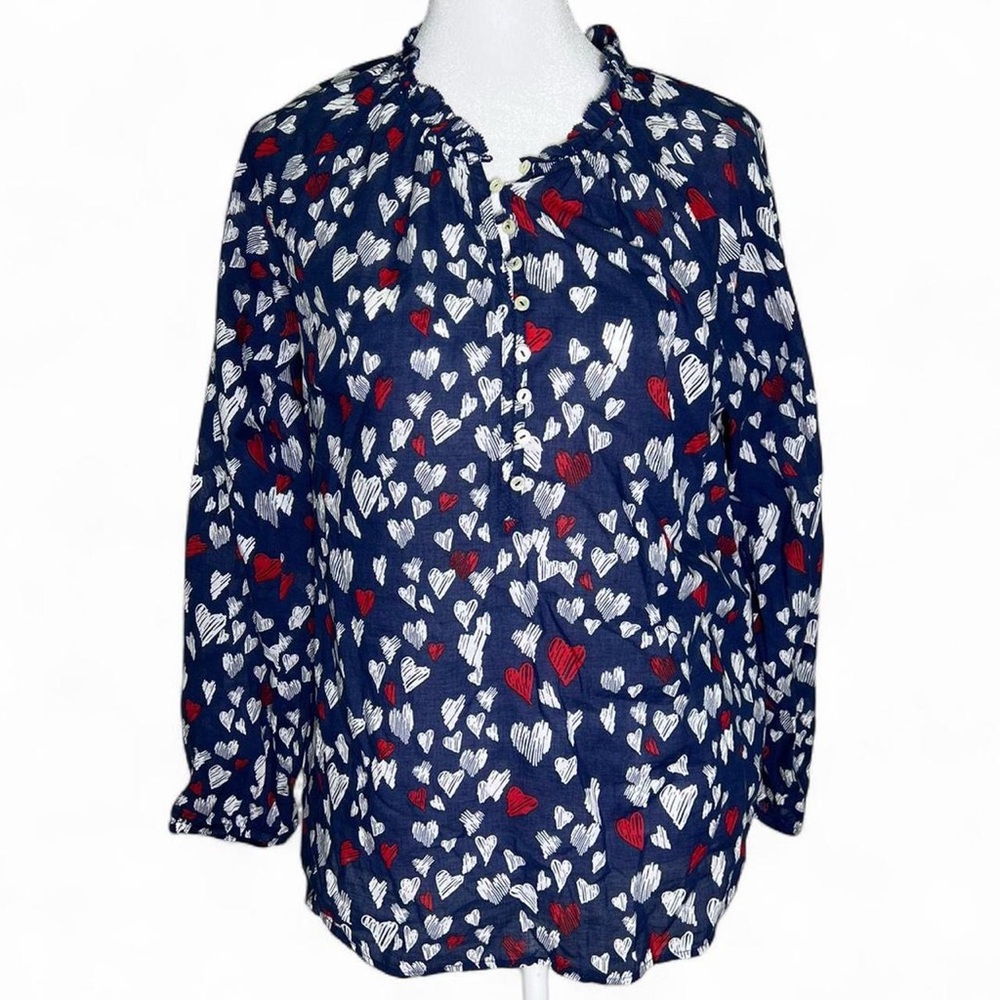 Talbots 100% Cotton Heart Print Ruffle Neck Popover Top XS